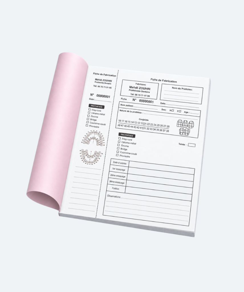 Carnet de fiches de fabrication pour prothésiste dentaire